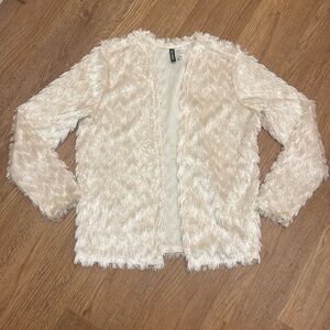 H&M Small Ivory Fringe Shaggy Fur Open Cardigan Sweater